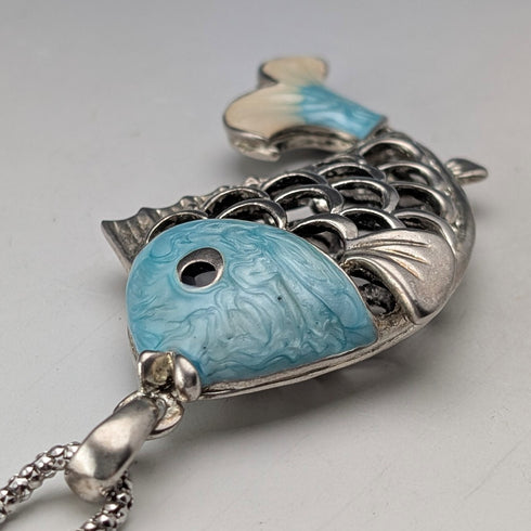 ヴィンテージ 純銀製 エナメル装飾 大型魚型ペンダント 純銀ネックレス付 計44g